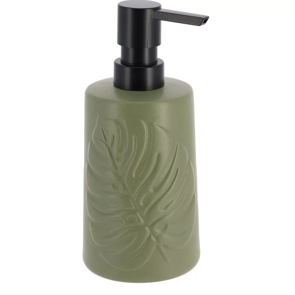 Accessoires De Salle De Bain | * Distributeur A Savon Gres Rond Décor Feuille 430Ml Kaki